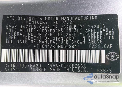 2021 Toyota Camry Se из США, поврежденный, VIN 4T1G11AK5MU609841